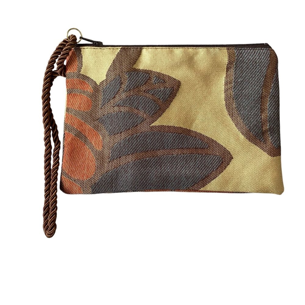 Women's brown orange tan zippered wristlet pouch clutch bag rope wrist strap